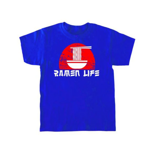 Bright blue kid's T-shirt with a red sun, bowl of noodles, and the words Ramen Life