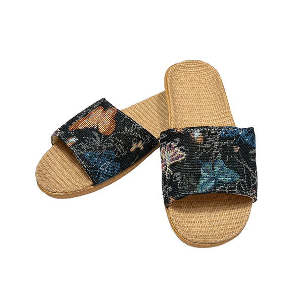 Women's Wide Band Sliders with Woven Sole - Butterfly Print