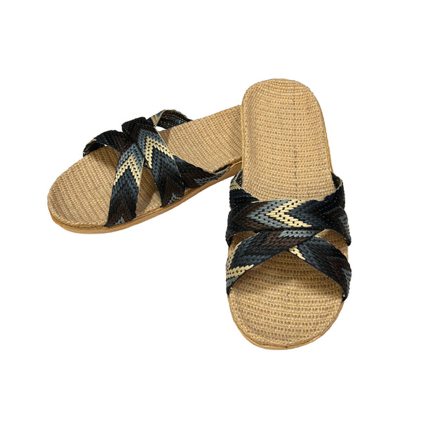 Pair of woven sandals with black and gray straps on a white background