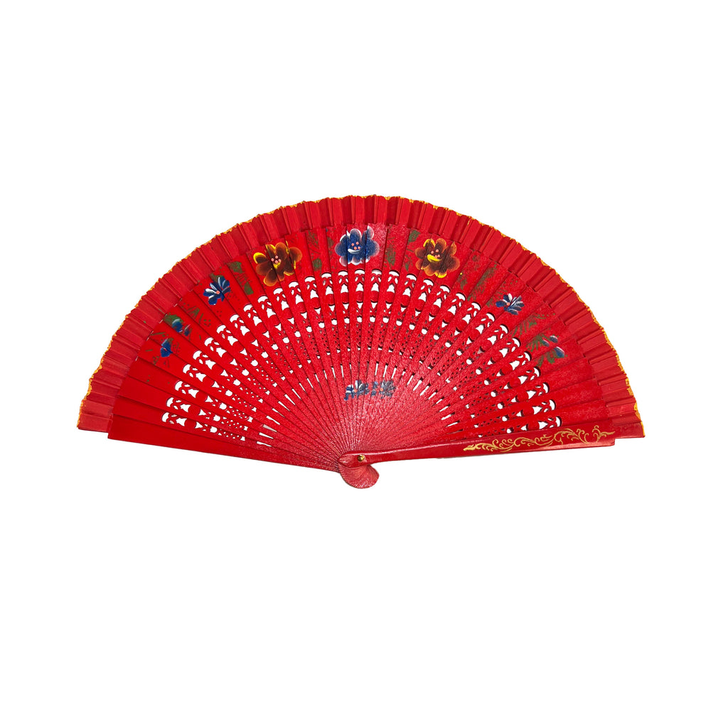 Double-Sided Painted Floral Wooden Spanish-Style Hand Fan (Various Colors)