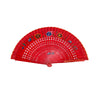 Red hand fan with floral designs on a white background