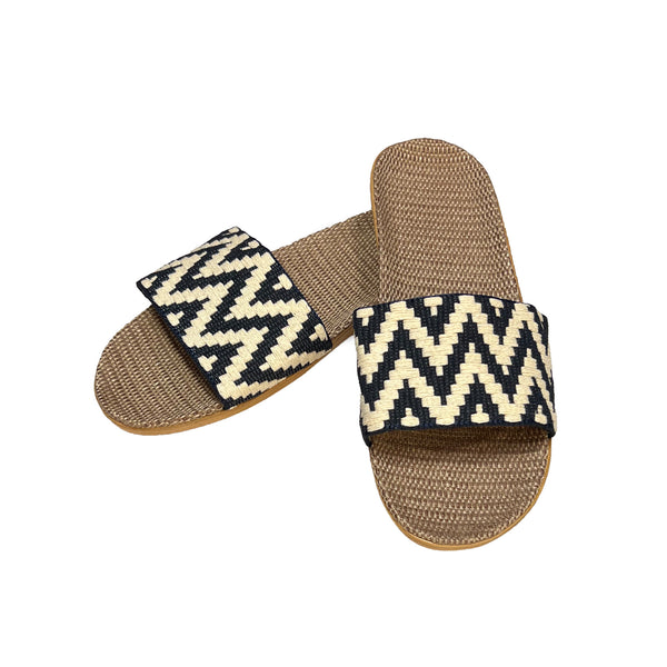 Pair of slippers with zigzag pattern on a white background