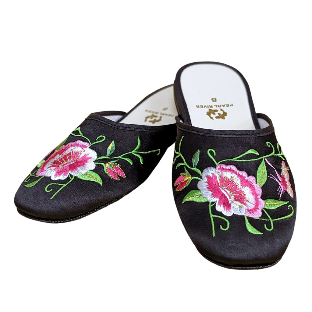 Butterfly Peony Embroidery Satin Slippers (Various Colors)