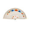 Handheld fan with floral designs on a white background