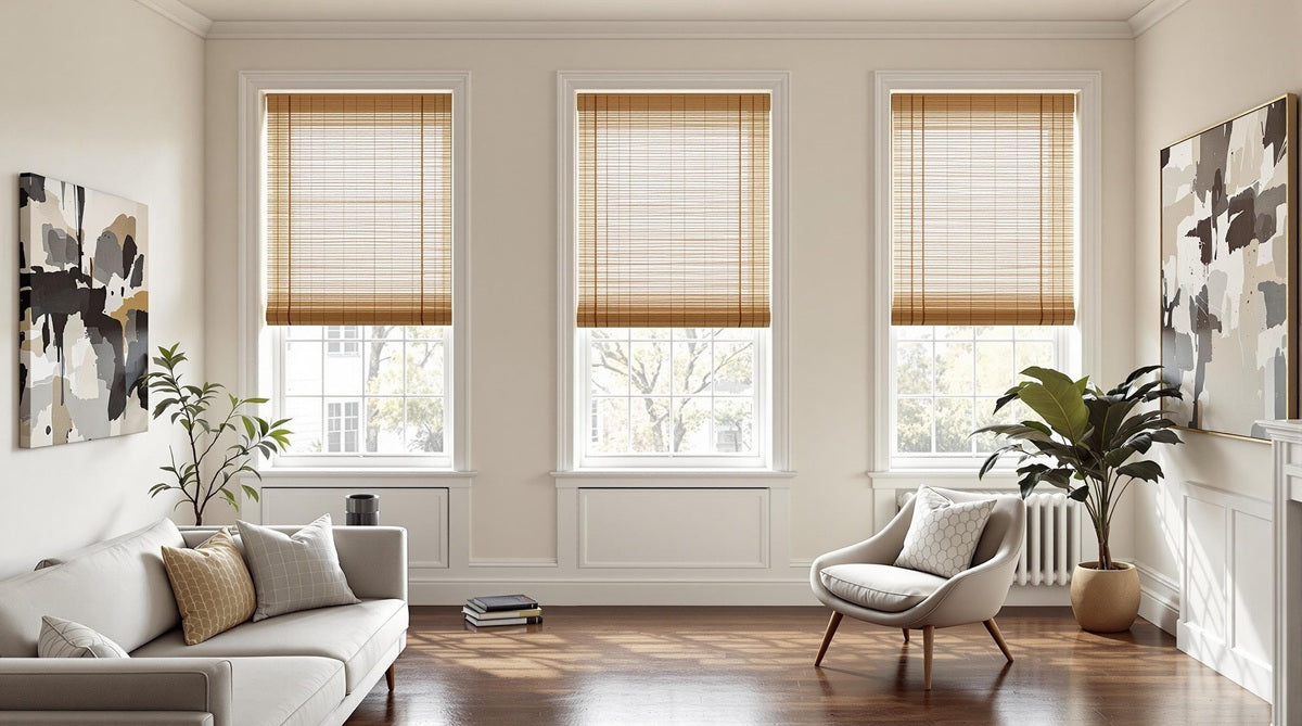 Modern living room decorated with matchstick bamboo blinds