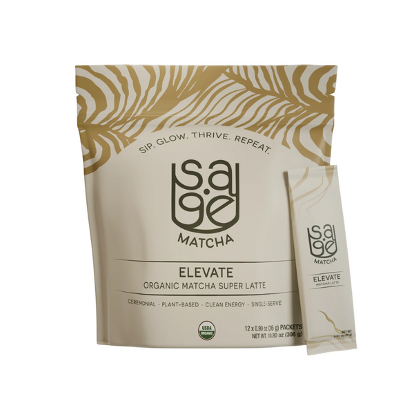 Sage Matcha Elevate Organic Matcha Super Latte packaging on a white background