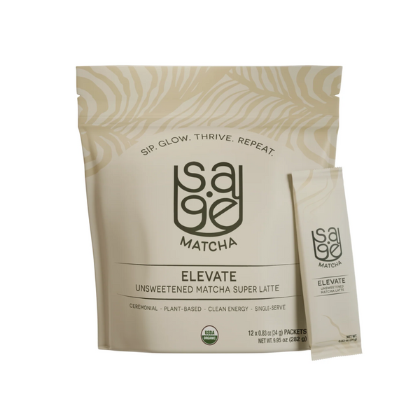 Sage Matcha packaging with a smaller packet on a white background