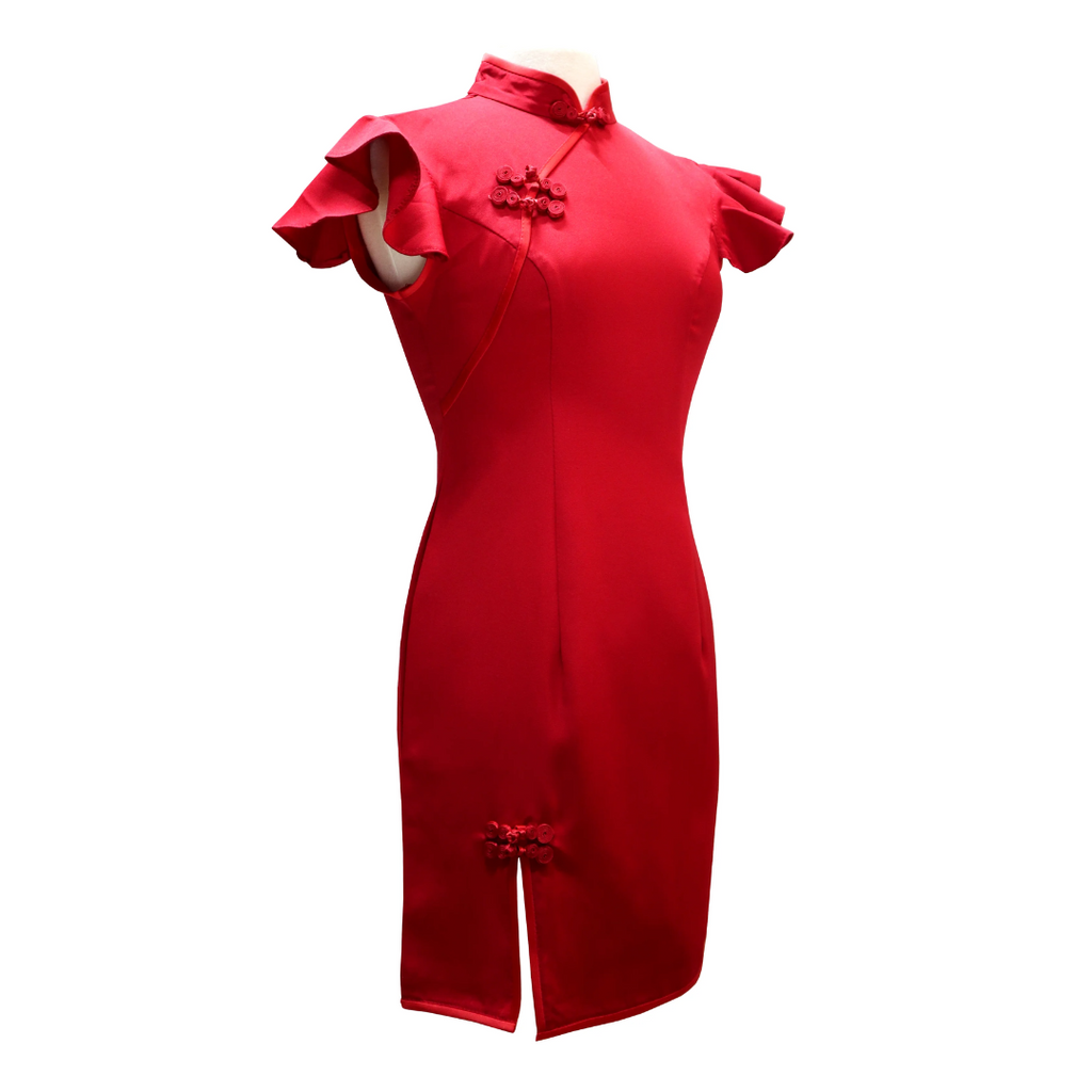 Flutter Sleeves Fitted Qipao with Front Slit - Lucky Red