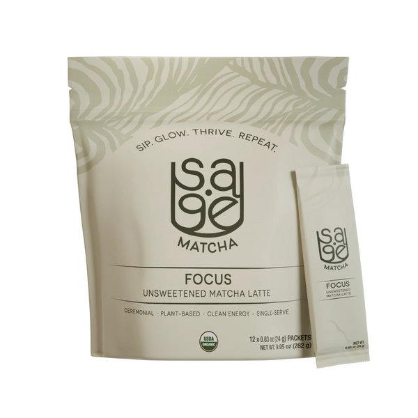 Sage Matcha packaging with a smaller packet on a white background