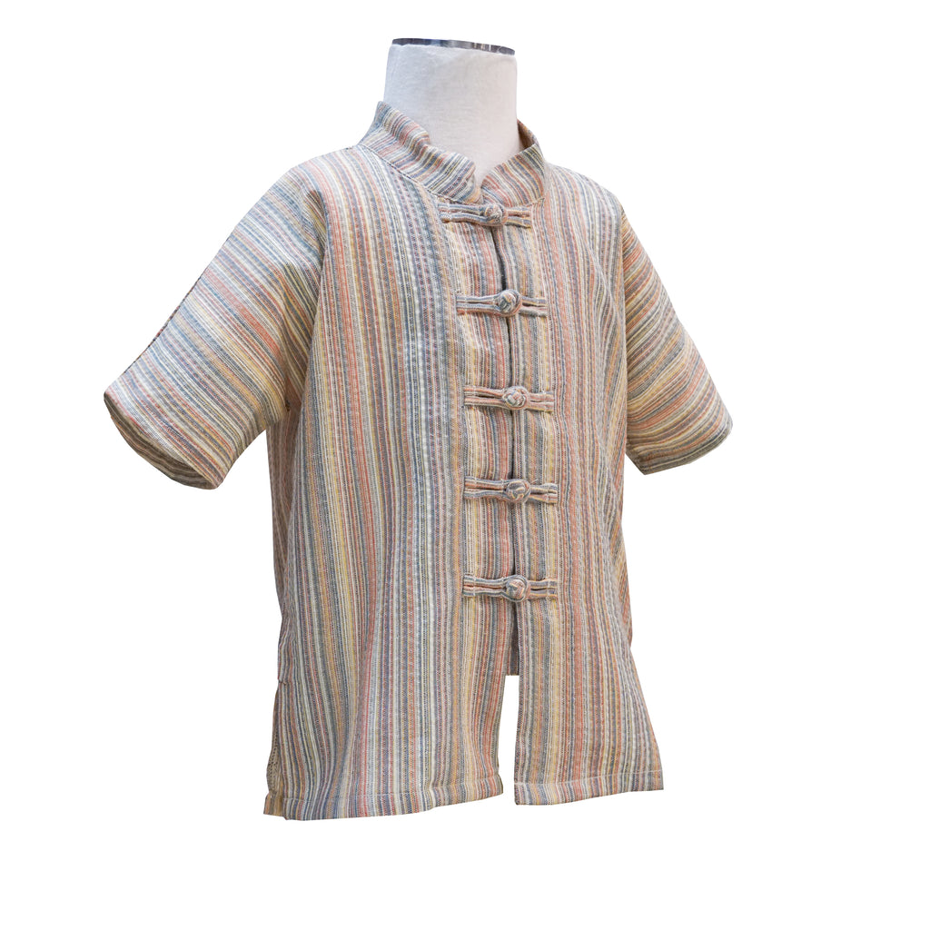 Kids Short Sleeve Striped Linen Tang Shirt - Taupe and Red