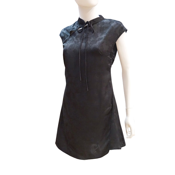 Cap Sleeve Mini Qipao with String Bow and Floral Print - Onyx