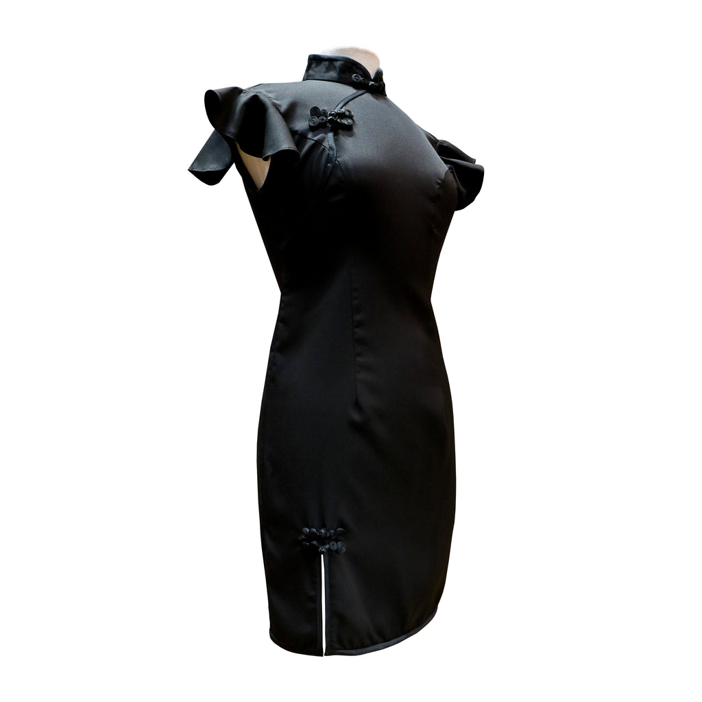 Flutter Sleeves Fitted Qipao with Front Slit - Onyx